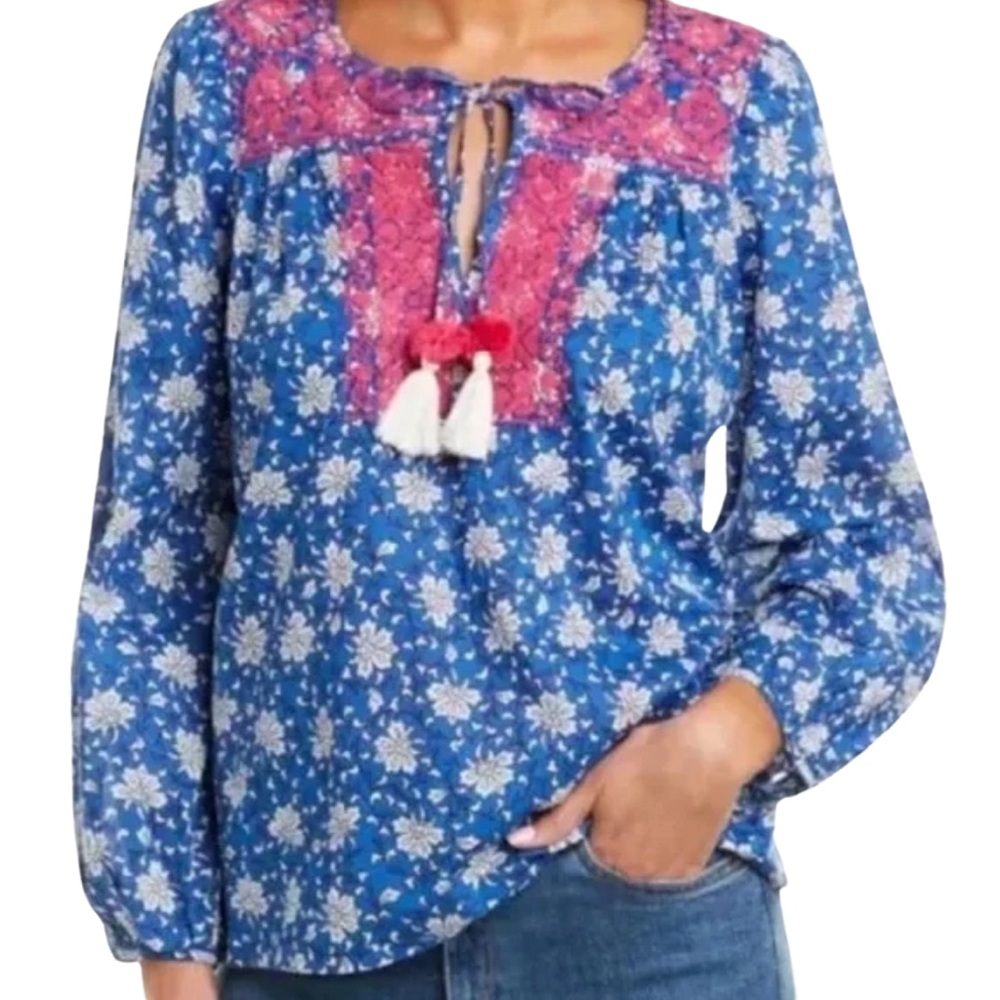 J. Crew Blue/White Cotton Voile Peasant Top with Pink Cross Stitch Embroidery